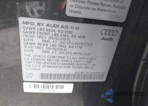 2007 Audi Q7 3.6 Premium из США, поврежденный, VIN WA1BY74L07D050554